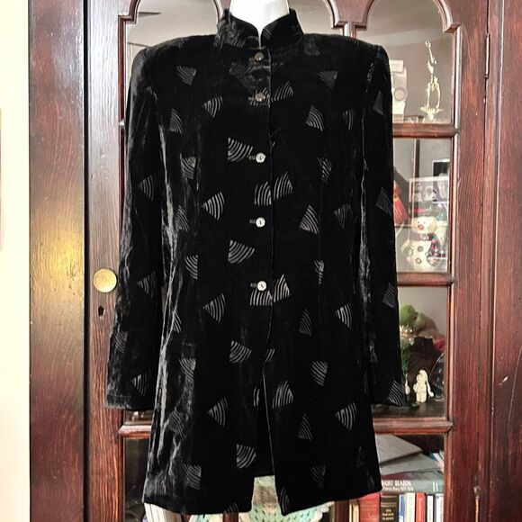 90s Retro Velvet Blazer Jacket Longline Black Sheer Burnout Statement Size 6 - Picture 14 of 14